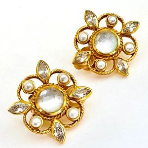 Julie Vos Monaco Clip Earrings in Crystal Clear + Gold NWT